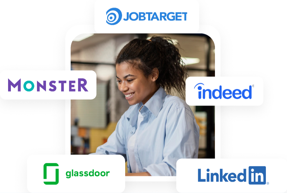 Smiling candidate surrounded by Monster, Indeed, Glassdoor, LinkedIn and JobTarget job board logos