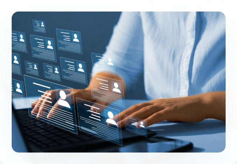 Recruiter typing with candidate profiles floating above the keyboard