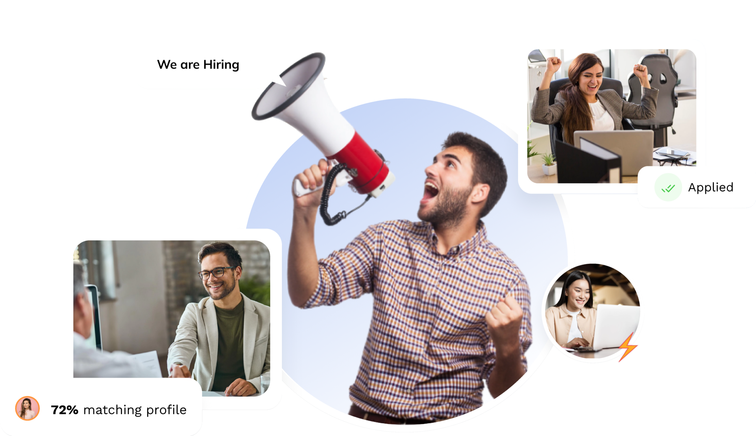 Excited man with a megaphone announcing We are hiring, next to applicant profile cards