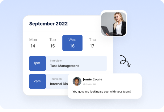 Auzmor Hire interview calendar with scheduled slots and a candidate message
