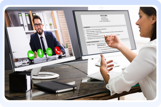 Recruiter interviewing a candidate over video call while reviewing his resume