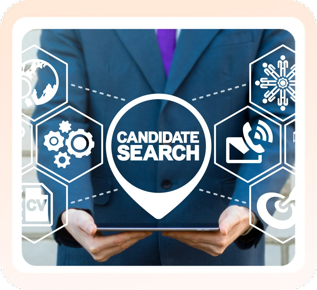 Hands holding a tablet with a candidate search icon surrounded by recruiting icons