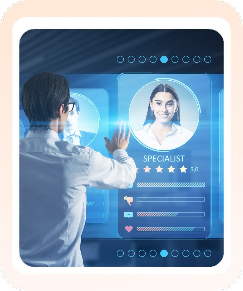 Recruiter selecting a top-rated specialist profile on a digital screen