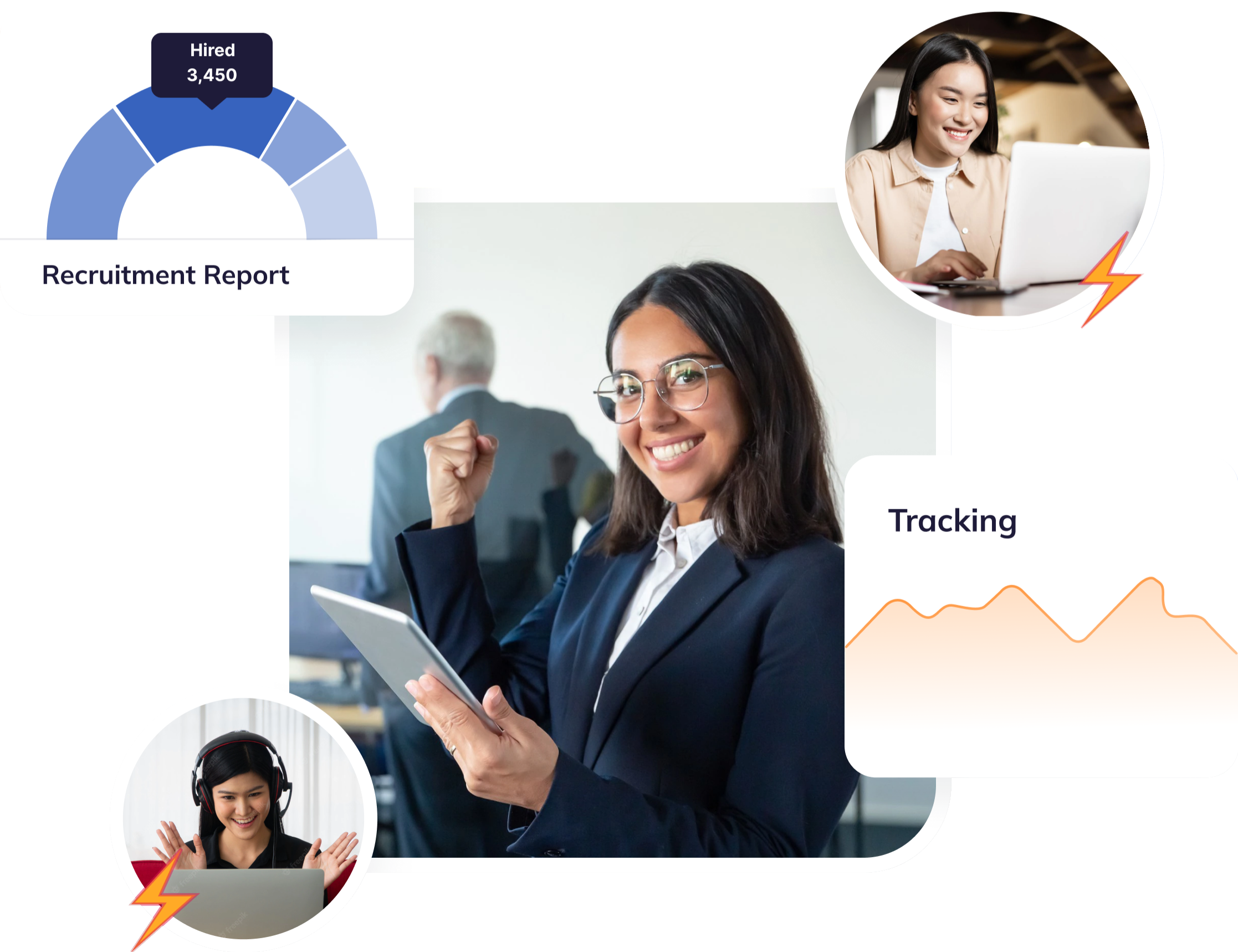 Smiling recruiter holding a tablet beside Auzmor Hire recruitment report and tracking charts