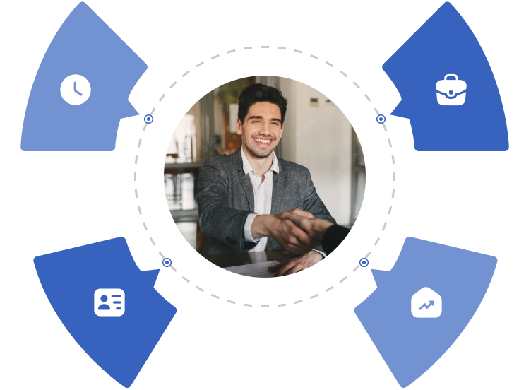 Hiring manager shaking hands at the centre of recruitment metric segments