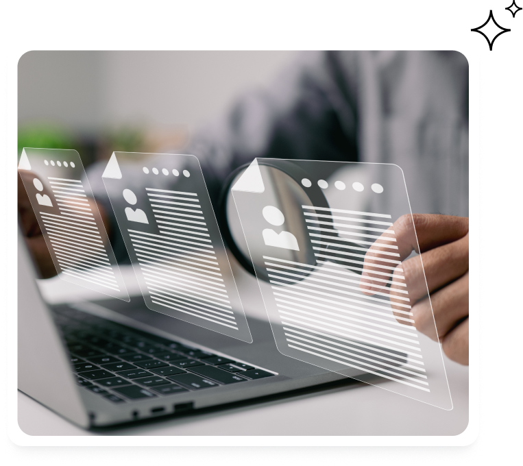 Person working on a laptop with digital resume pages floating above it