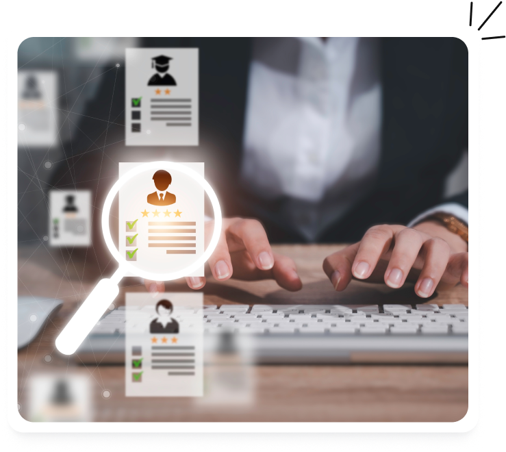 Magnifying glass highlighting one candidate profile among several on a screen