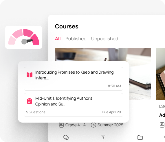 Auzmor Learn course list for a class, with published course cards and a progress gauge