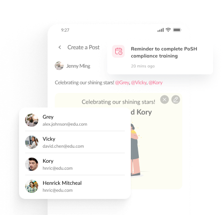 Auzmor parent app showing a training reminder and a list of contacts