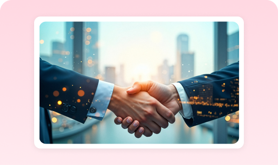 Business handshake in front of a city skyline, representing secure and reliable partnership