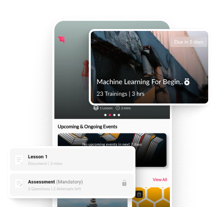 Auzmor student app showing a course, upcoming events, lessons and an assessment