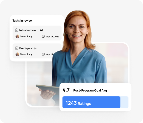 Smiling teacher beside Auzmor app screens showing tasks and a mentorship program rating