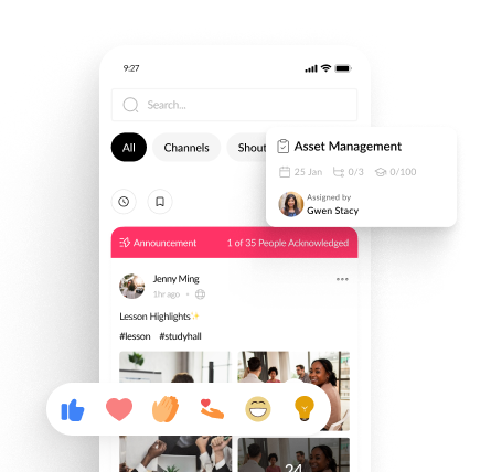 Auzmor teacher app feed with channels, an announcement post and an assigned task