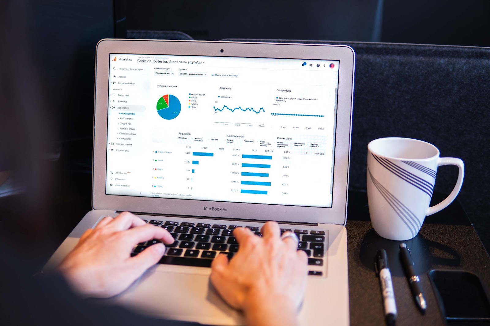 Laptop showing an HR analytics dashboard with charts, next to a coffee mug
