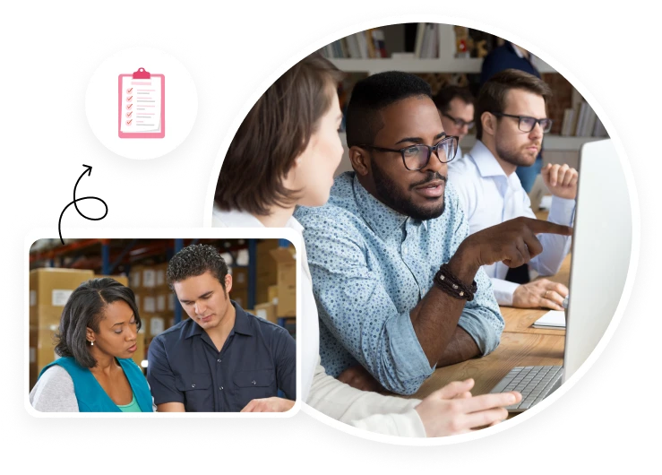 Team discussing work at a computer beside an observation checklist icon