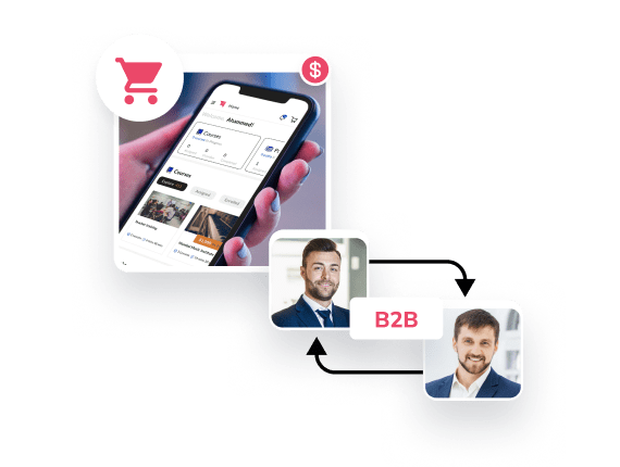 Phone shopping app linked to B2B buyers through sales channel arrows