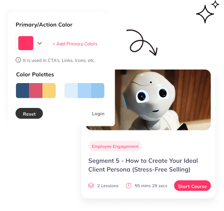 Storefront brand colour settings beside a course card