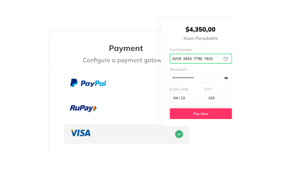 Payment screen with PayPal, RuPay and Visa options