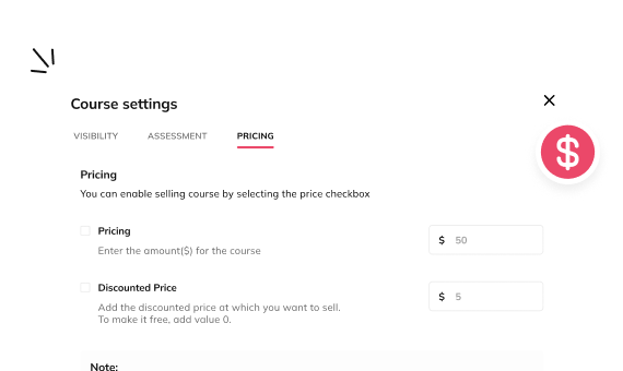 Auzmor Learn course pricing settings with price and discount fields