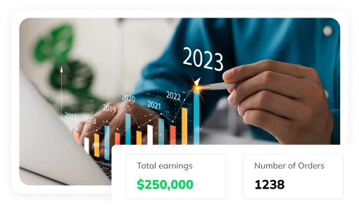 Rising revenue chart with total earnings and number of orders