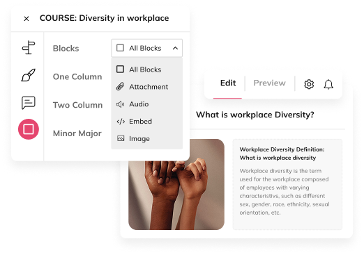 Auzmor Learn course builder editing a workplace diversity lesson