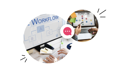 Team mapping a workflow on a laptop and whiteboard