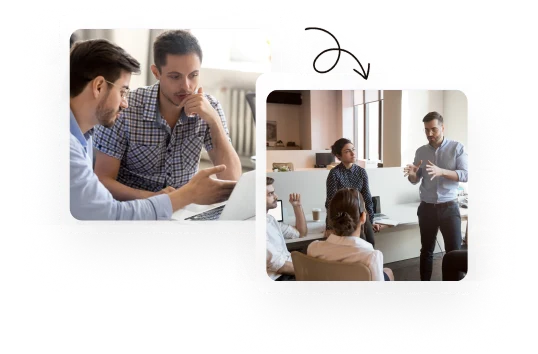Partners discussing plans at a laptop and presenting to a team