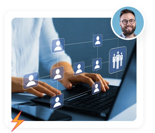 Person typing on a laptop with connected user profiles for multiple branded portals