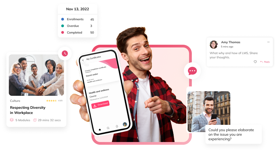 Smiling man holding a phone with the Auzmor Learn mobile app, course cards and an enrollment summary