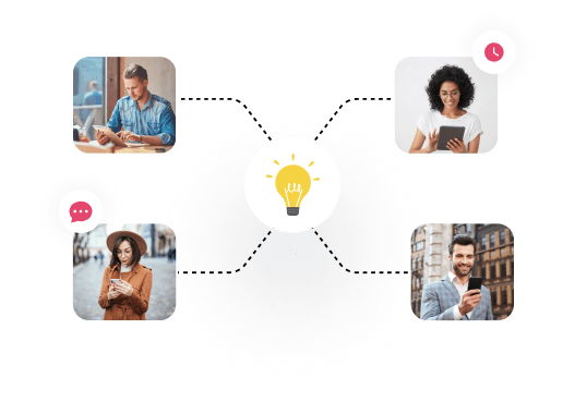 Learners on phones and laptops connected around a lightbulb idea icon