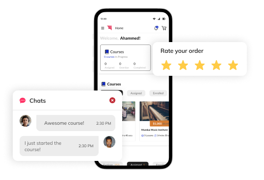 Auzmor Learn mobile app showing courses, a chat and a five-star course rating