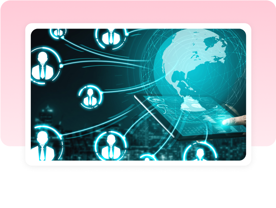 Glowing globe linked to a network of users, representing dedicated infrastructure control
