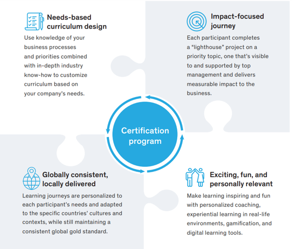 Certification program puzzle: needs-based curriculum, impact-focused journey, globally consistent delivery, personally relevant learning
