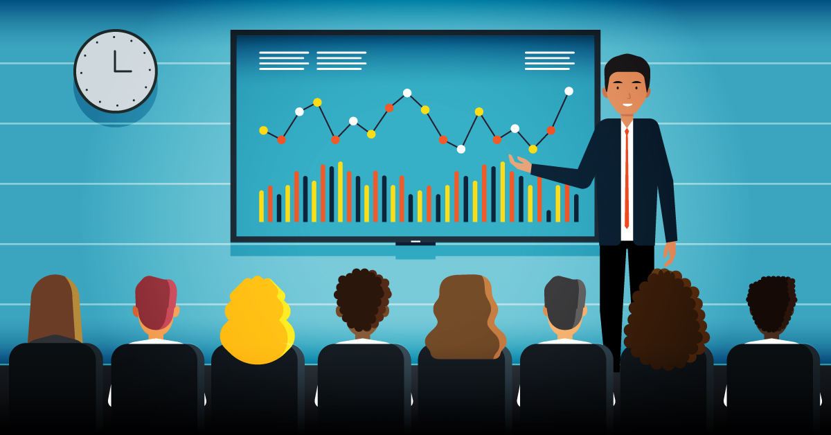 Illustration of a presenter pointing at a bar and line chart while an audience watches